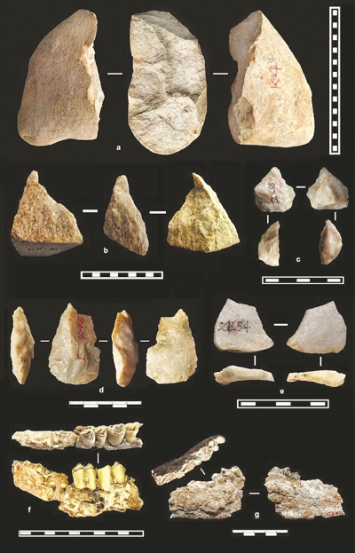 右图:部分出土石器与化石.(中科院广州地球化学研究所供图)